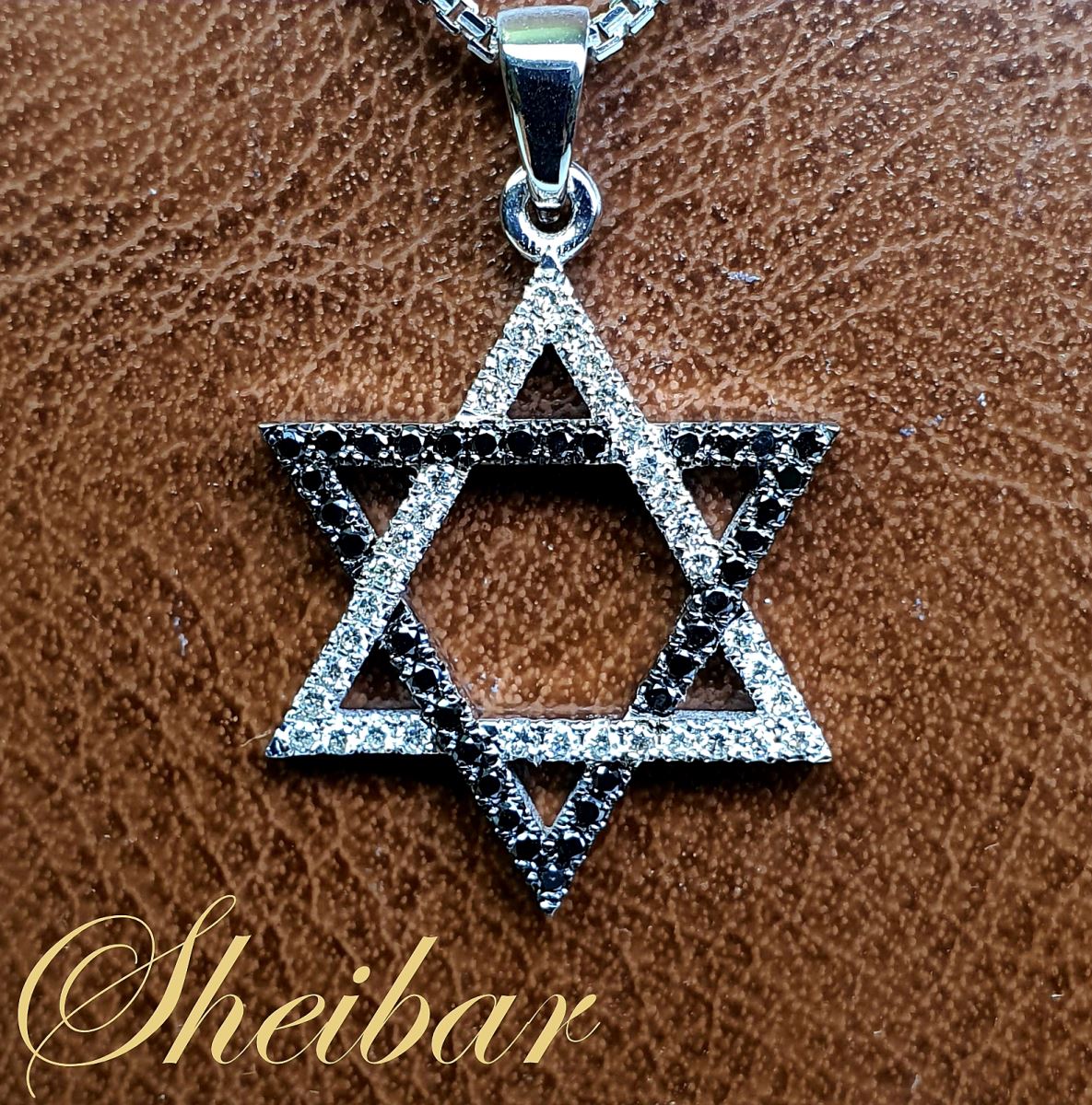 תכשיטי זהב ויהלומים לגבר- תליון מגן דוד שחור לבן